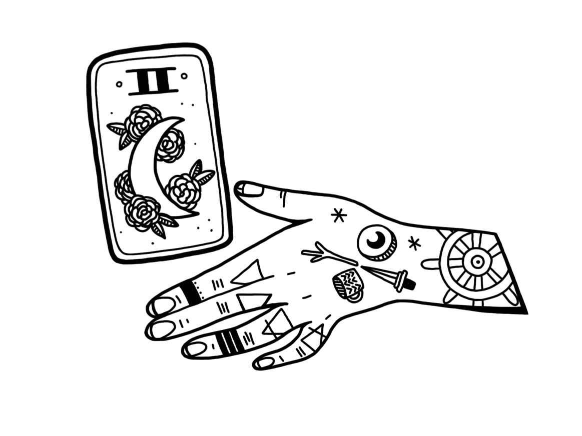 Logo: Black and white line illustration of a tattoed hand and a tarot card